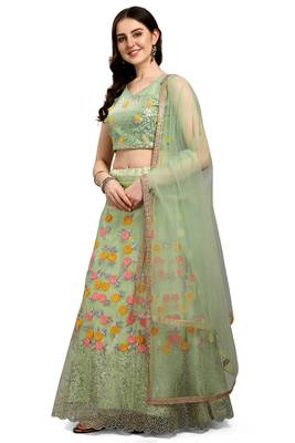 Light-green embroidered net semi stitched lehenga 2