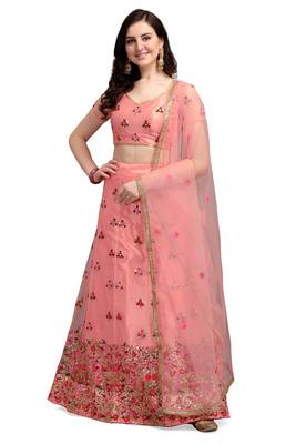Hot-pink embroidered net semi stitched lehenga 1
