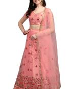 Hot-pink embroidered net semi stitched lehenga