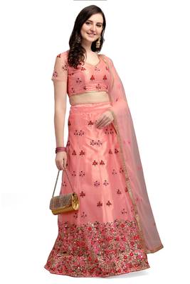 Hot-pink embroidered net semi stitched lehenga 2