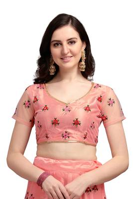 Hot-pink embroidered net semi stitched lehenga 4