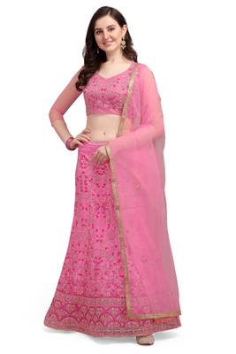 Pink embroidered net semi stitched lehenga 1