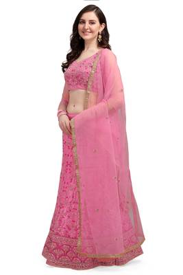 Pink embroidered net semi stitched lehenga 2