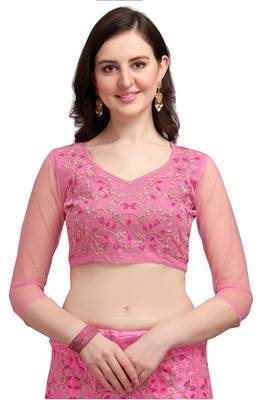 Pink embroidered net semi stitched lehenga 4