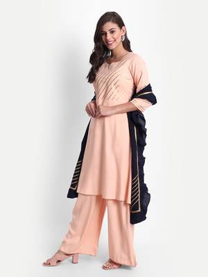 githaan Women's Casual Peach Solid Kurta Palazzo Set with Solid Navy Blue Dupatta 2