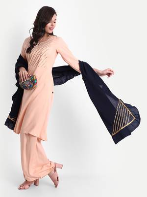 githaan Women's Casual Peach Solid Kurta Palazzo Set with Solid Navy Blue Dupatta 6