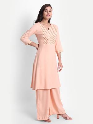 githaan Women's Casual Peach Solid Kurta Palazzo Set with Solid Navy Blue Dupatta 7