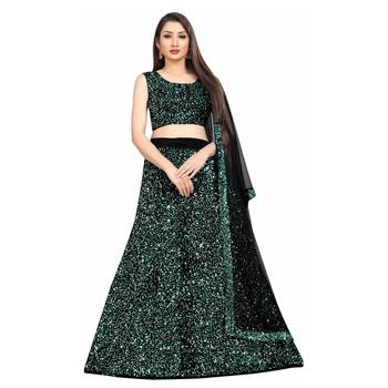 Green plain velvet semi stitched lehenga 1