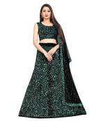 Green plain velvet semi stitched lehenga