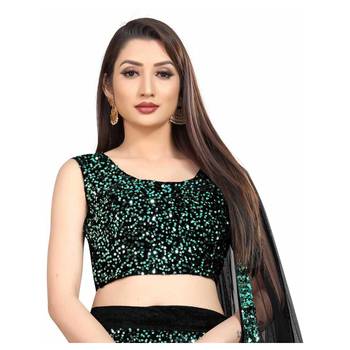 Green plain velvet semi stitched lehenga 4