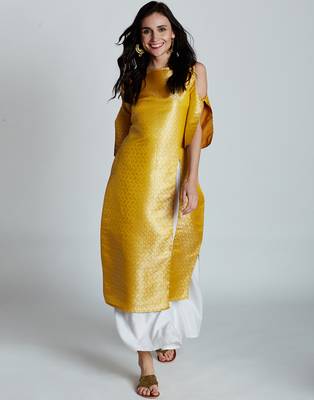 Yellow printed silk ethnic-kurtis 1