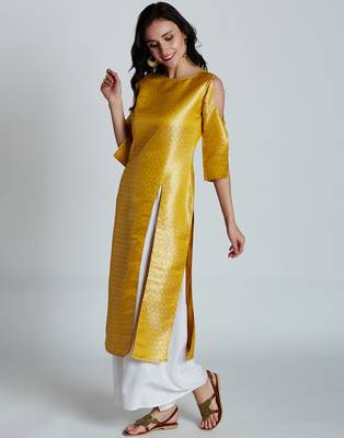 Yellow printed silk ethnic-kurtis 2