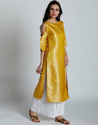 Yellow printed silk ethnic-kurtis 3