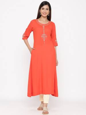 Orange embroidered viscose rayon ethnic-kurtis 1
