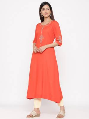 Orange embroidered viscose rayon ethnic-kurtis 2