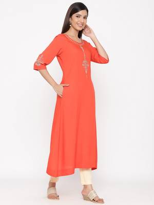Orange embroidered viscose rayon ethnic-kurtis 4