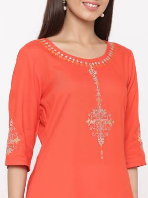 Orange embroidered viscose rayon ethnic-kurtis 5