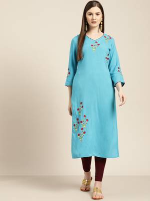 Blue embroidered viscose ethnic-kurtis 1