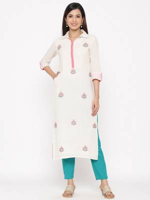 Off-white embroidered cotton ethnic-kurtis 1