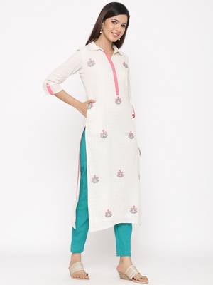 Off-white embroidered cotton ethnic-kurtis 4