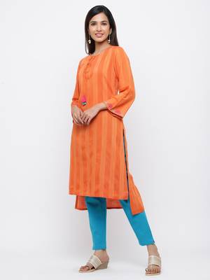Orange embroidered viscose rayon ethnic-kurtis 3