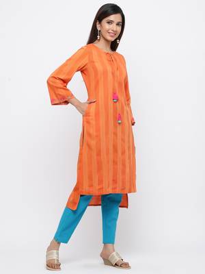 Orange embroidered viscose rayon ethnic-kurtis 4