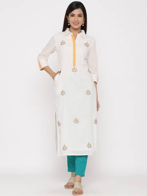 Off-white embroidered cotton ethnic-kurtis 1