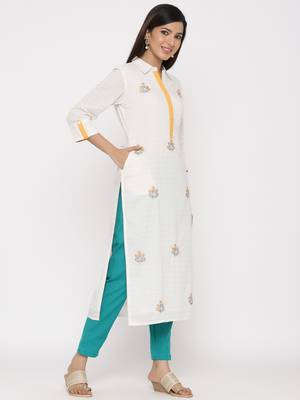 Off-white embroidered cotton ethnic-kurtis 4