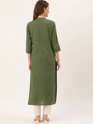 Olive plain cotton ethnic-kurtis 3