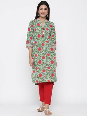 Sea-green printed cotton ethnic-kurtis 1