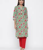 Sea-green printed cotton ethnic-kurtis