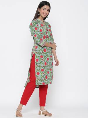 Sea-green printed cotton ethnic-kurtis 3
