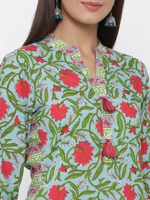 Sea-green printed cotton ethnic-kurtis 5