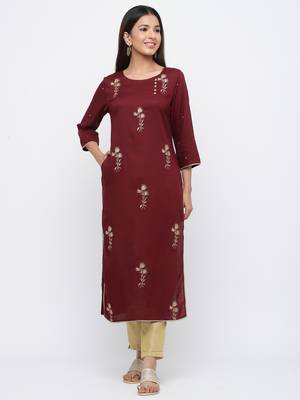 Burgundy embroidered viscose rayon ethnic-kurtis 1