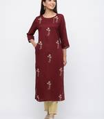 Burgundy embroidered viscose rayon ethnic-kurtis
