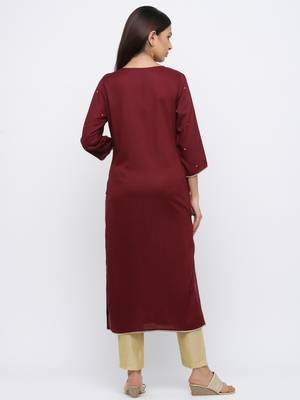 Burgundy embroidered viscose rayon ethnic-kurtis 2