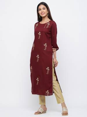 Burgundy embroidered viscose rayon ethnic-kurtis 3
