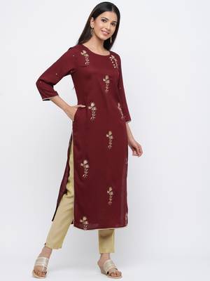 Burgundy embroidered viscose rayon ethnic-kurtis 4