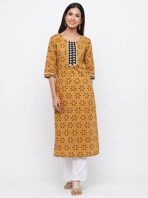 Mustard embroidered cotton ethnic-kurtis 1