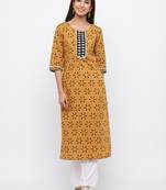 Mustard embroidered cotton ethnic-kurtis