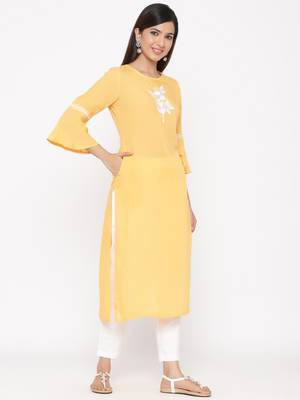 Yellow embroidered rayon ethnic-kurtis 4