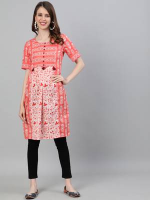 Peach printed cotton ethnic-kurtis 1