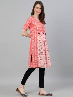 Peach printed cotton ethnic-kurtis 2