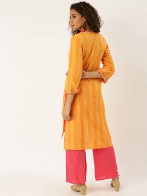 Yellow embroidered cotton ethnic-kurtis 4
