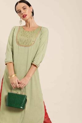 Green plain viscose rayon ethnic-kurtis 1