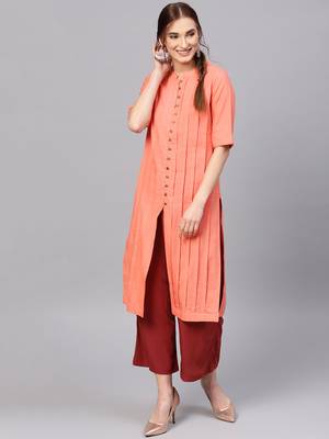 Coral plain cotton ethnic-kurtis 1