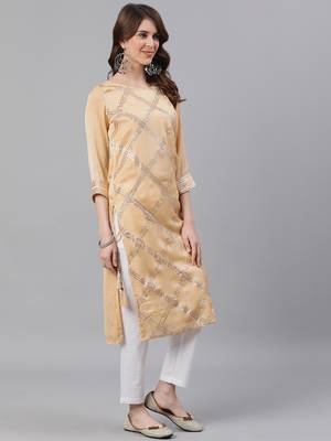 Beige plain cotton silk ethnic-kurtis 4