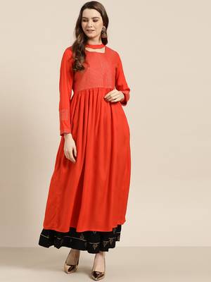 Orange embroidered rayon ethnic-kurtis 1