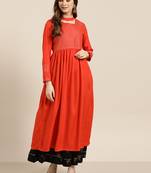 Orange embroidered rayon ethnic-kurtis