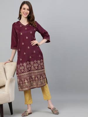 Burgundy embroidered silk ethnic-kurtis 1